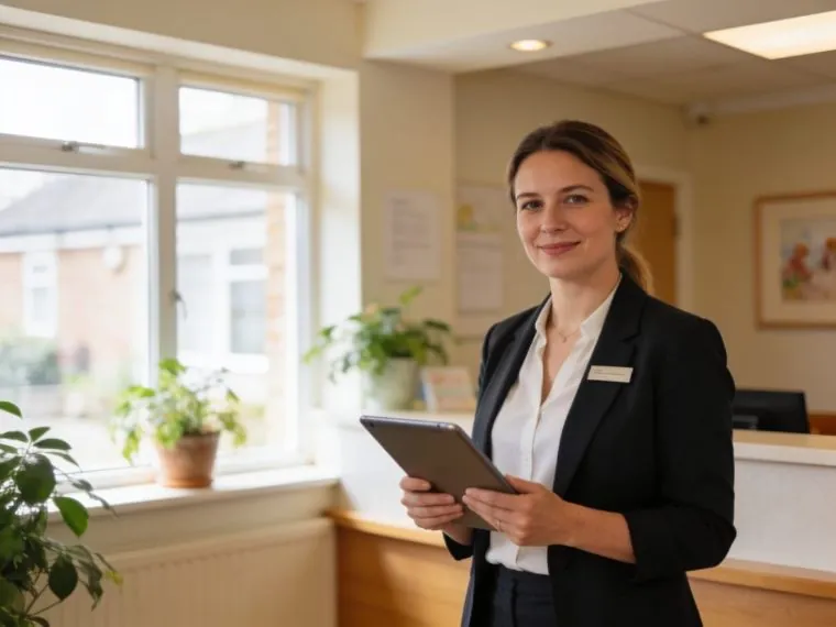 A calm, well-lit Bristol nursing home reception staffed by MAP HealthCare professionals