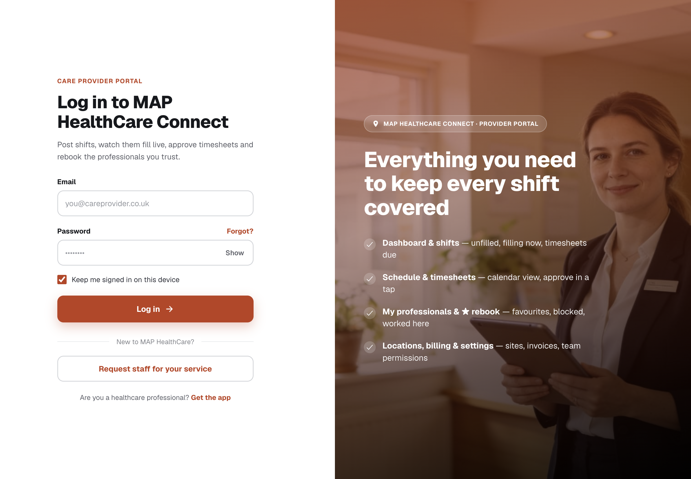 Care provider logging in to the MAP HealthCare Connect provider portal to post a shift