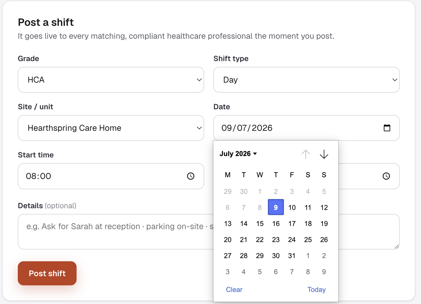 Setting the shift type, date and start and end times when posting a care shift on MAP HealthCare Connect