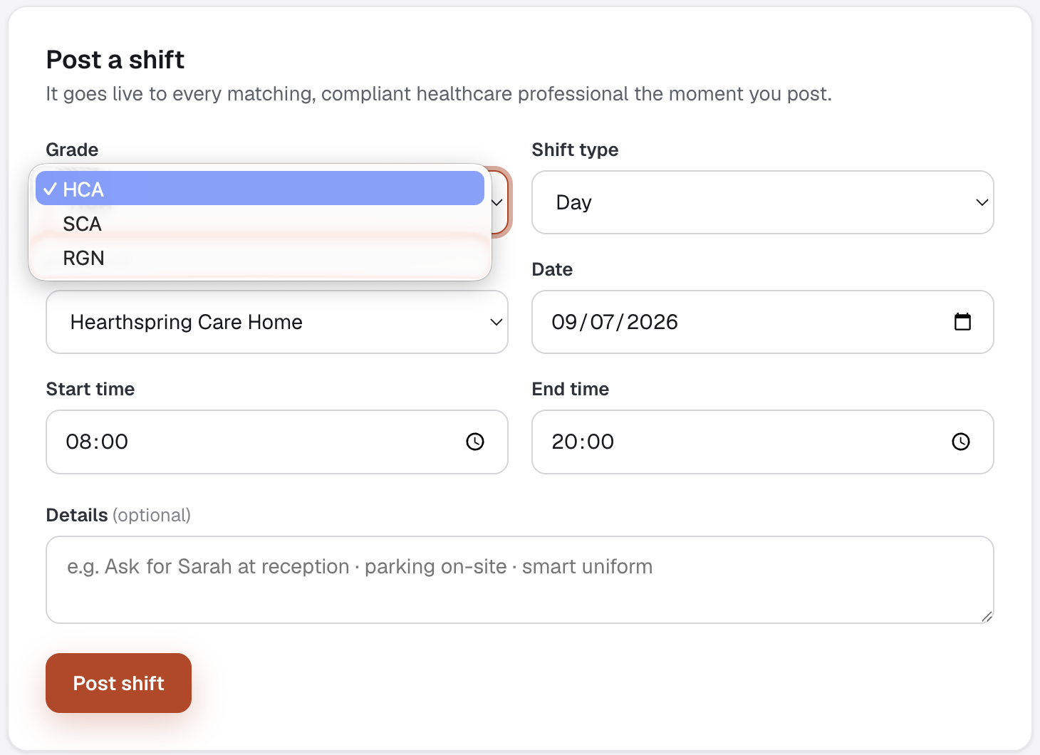 Selecting the shift grade — HCA, SCA or RGN — when posting a shift on MAP HealthCare Connect