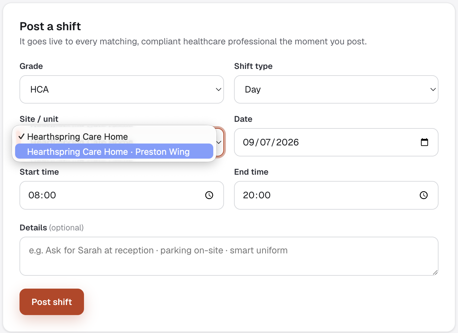 Choosing the care home site or unit for a shift on the MAP HealthCare Connect provider portal