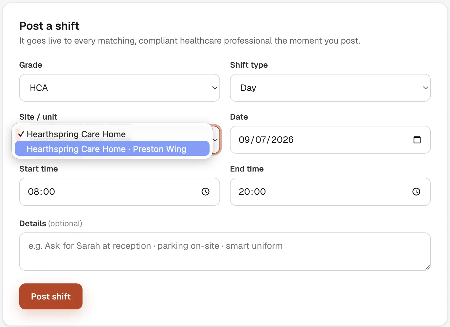 Choosing the care home site or unit for a shift on the MAP HealthCare Connect provider portal