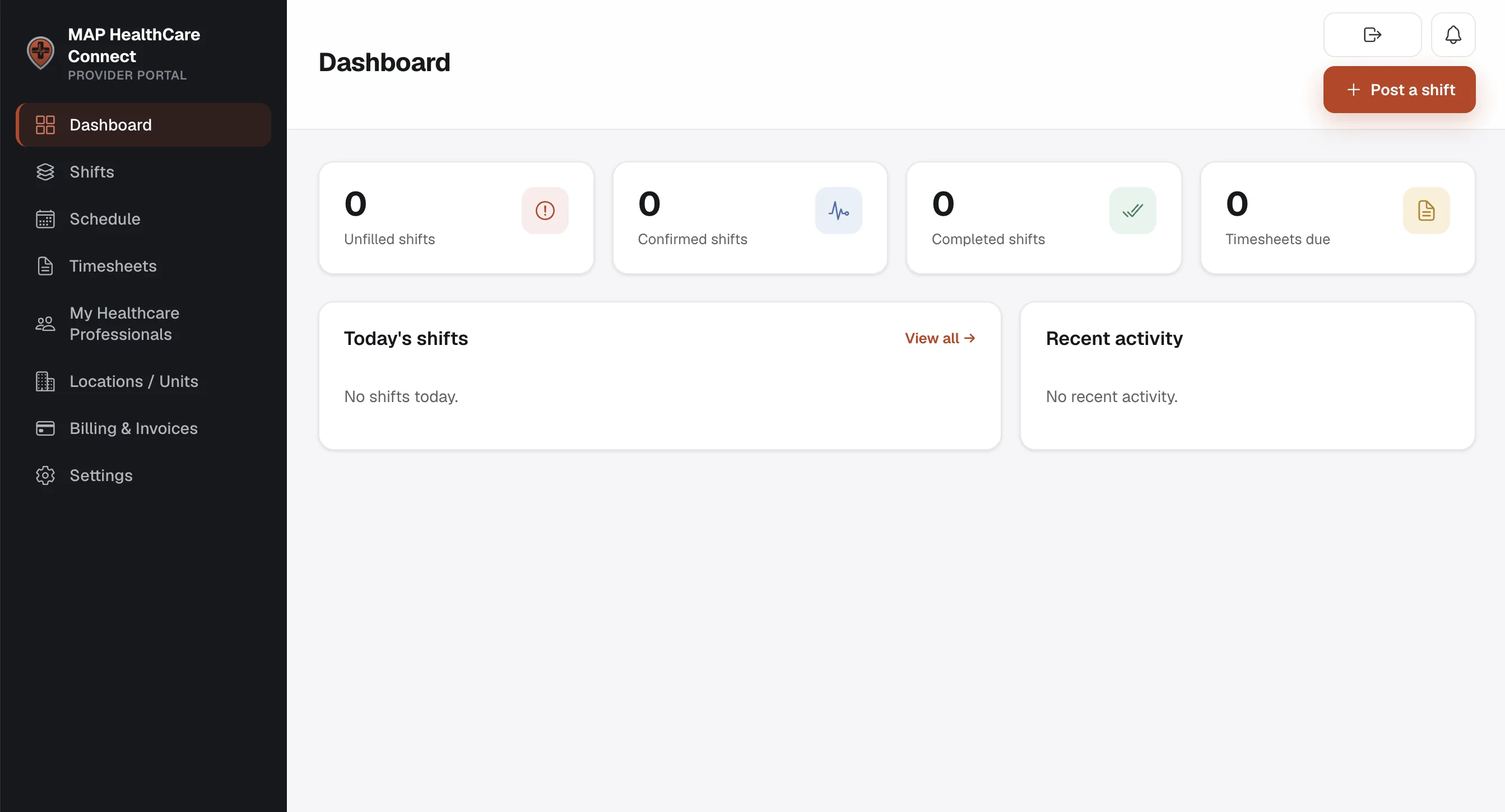 MAP HealthCare Connect provider portal dashboard with the orange Post a shift button