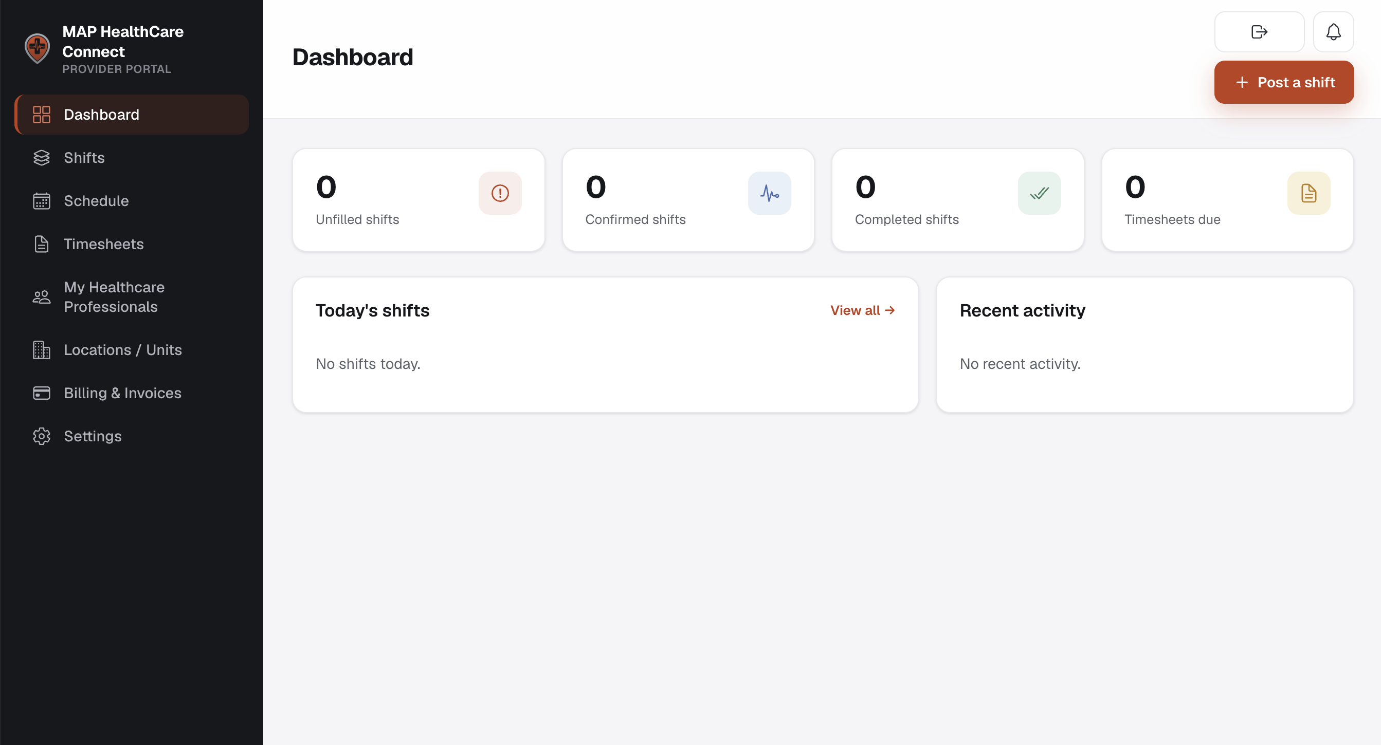 MAP HealthCare Connect provider portal dashboard with the orange Post a shift button