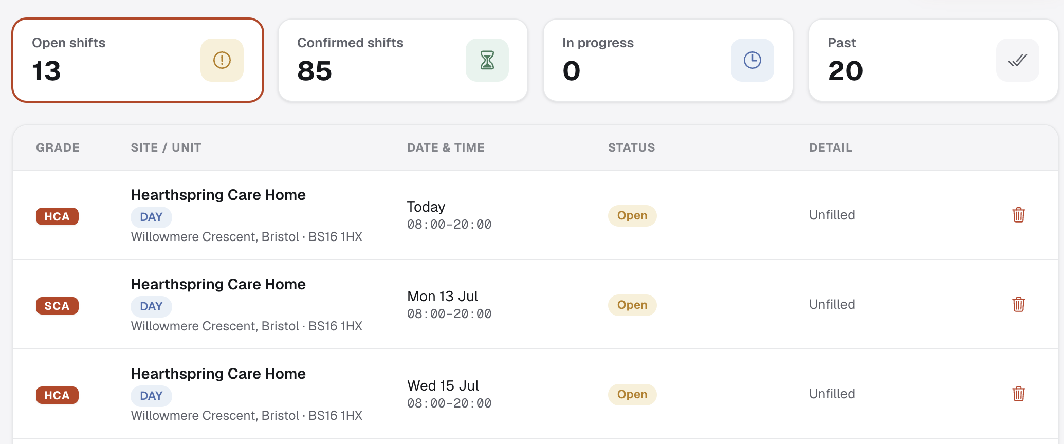 MAP HealthCare Connect shifts list showing open, unfilled HCA and SCA shifts by grade, site and time