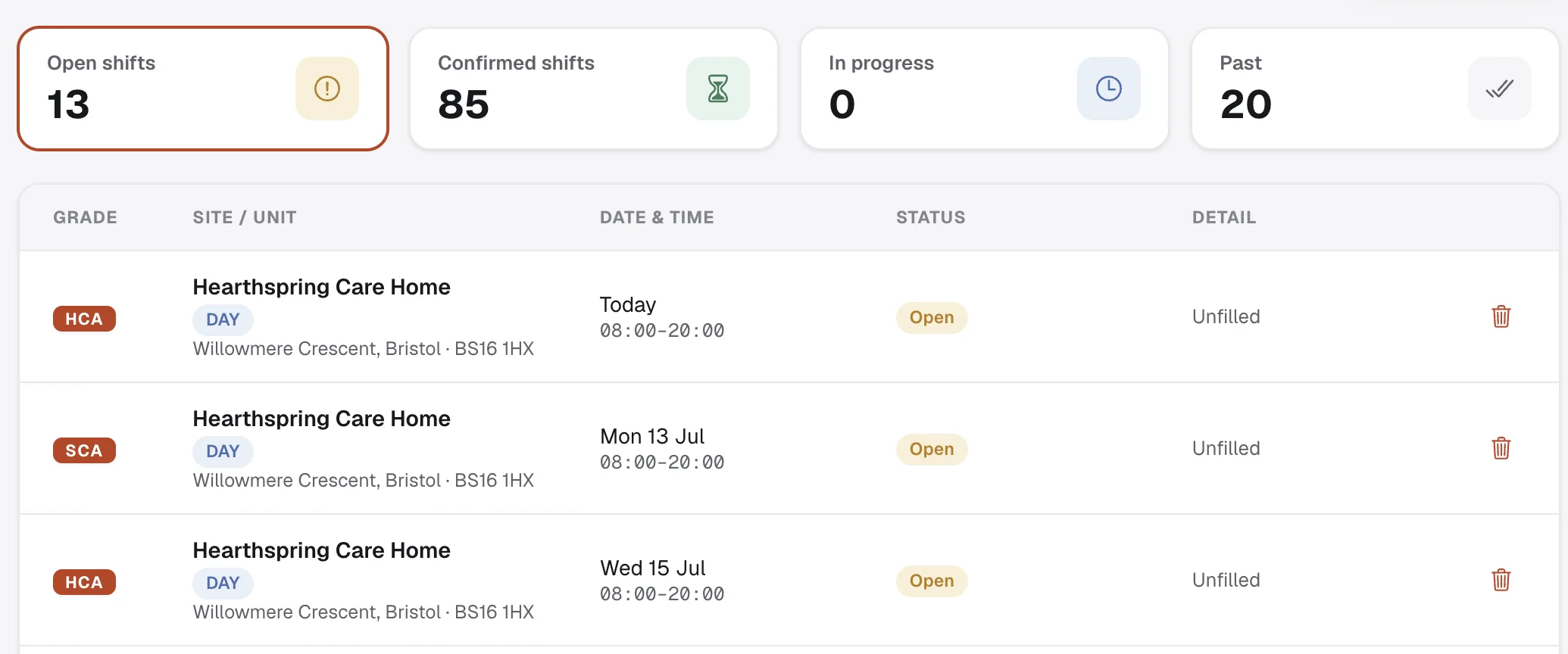 MAP HealthCare Connect shifts list showing open, unfilled HCA and SCA shifts by grade, site and time