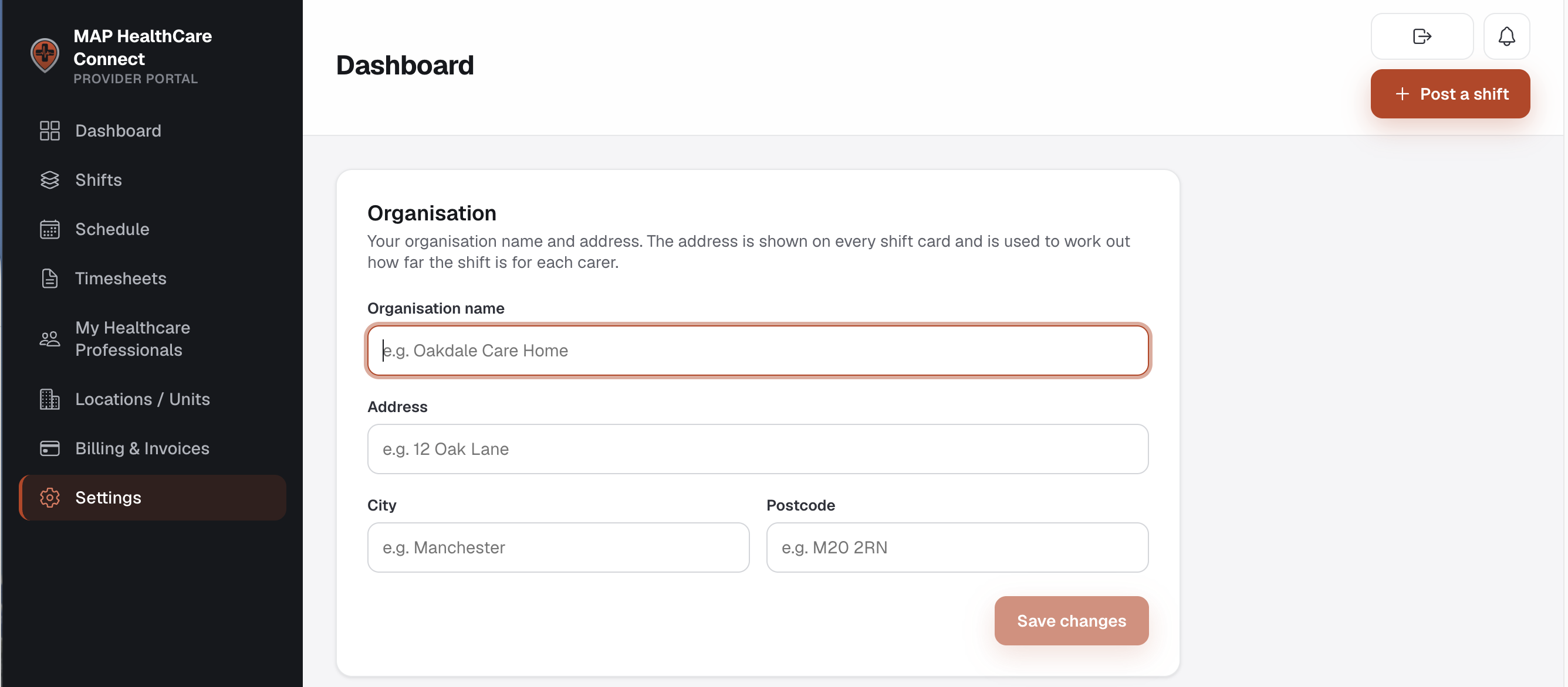 Completing organisation name and address in MAP HealthCare Connect provider portal settings before posting a shift