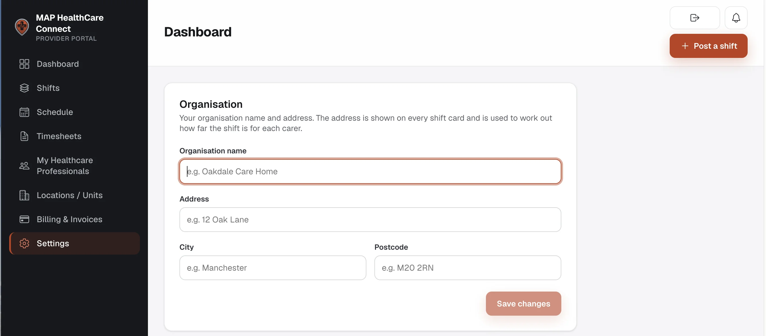 Completing organisation name and address in MAP HealthCare Connect provider portal settings before posting a shift
