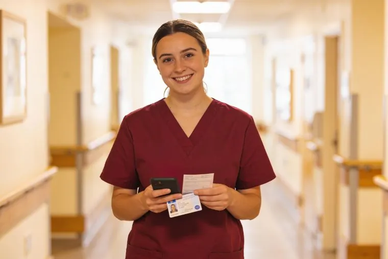 A MAP HealthCare professional holding DBS and right-to-work documents for Bristol care home compliance